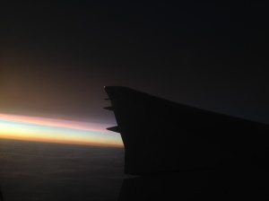 A snap of the rainbow of colors left behind in the wake of the sunset, high up in the air.